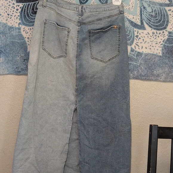Two-Tone Light Denim Maxi Skirt 14 Slit Raw Hem Boho Indie Sleaze Pockets - Picture 2 of 8